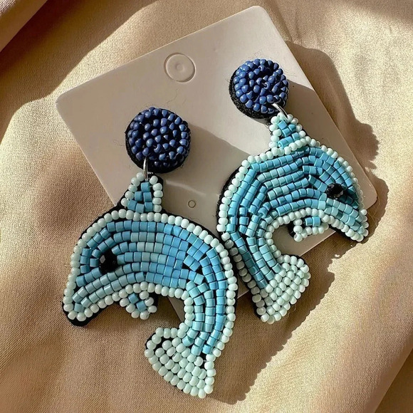 Anthropologie Blue Dolphin Ocean Blue Beaded Earrings - Picture 5 of 8